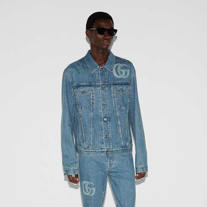 gucci laser printed inter‑g denim trucker jacket